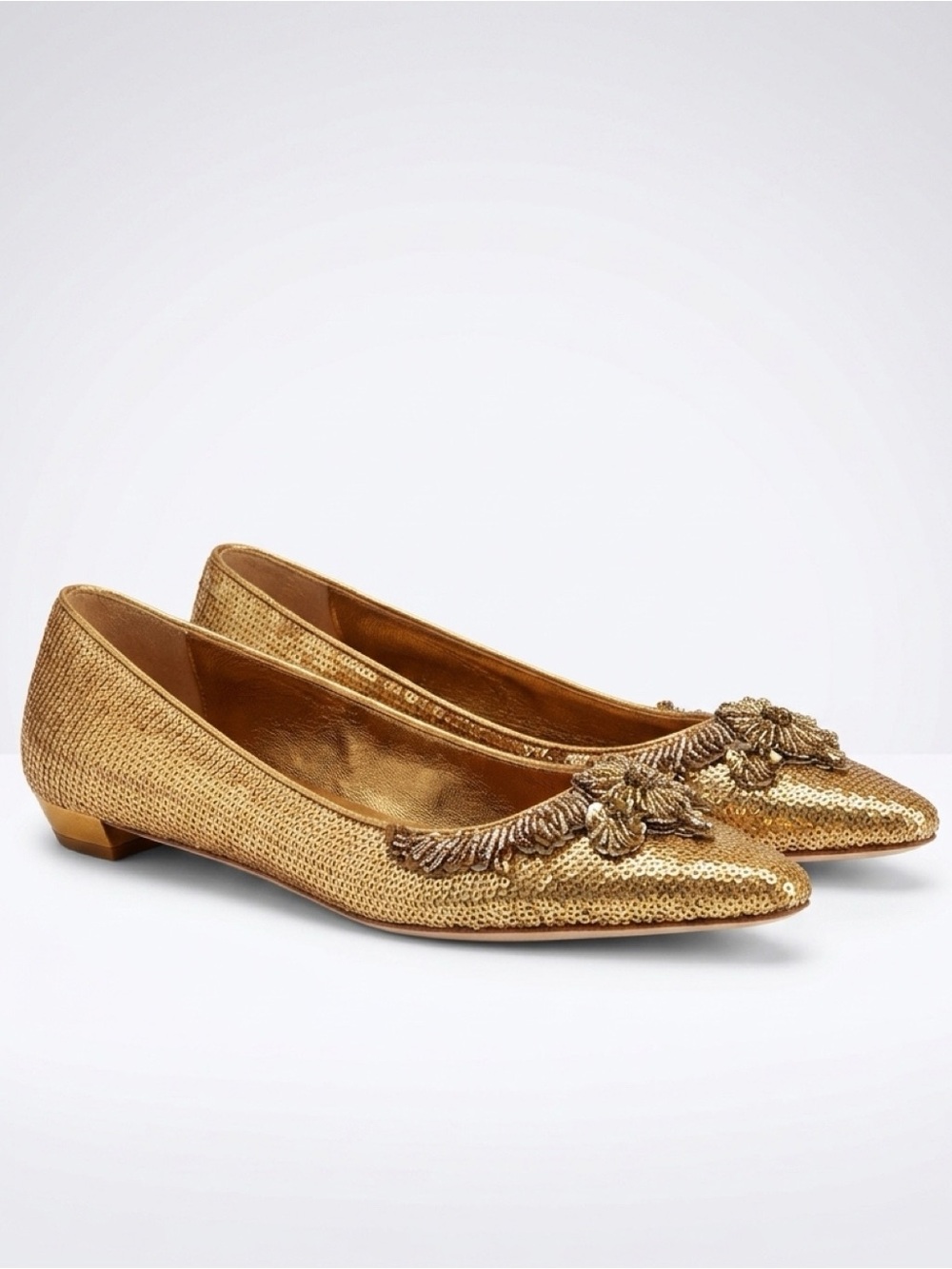 Prada VTG 90s Sequin Embellished Leather Flats, pointed toe, gold, 36.5, EUC